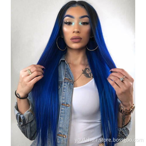 4*4 Indian Human Hair Lace Closure Straight Wig 14 to 26 Inches Pre Plucked Ombre 1b Blue Virgin Remy Hair HD Lace Frontal Wig